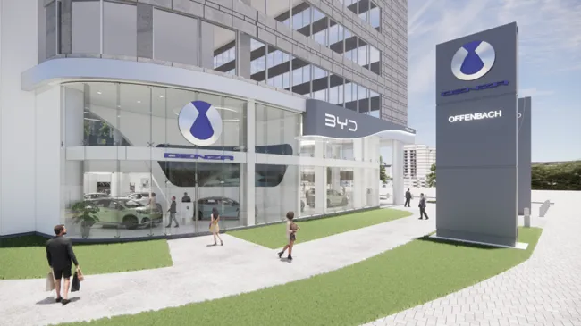 BYD Showroom Offenbach am Main: Visualisierung des Eingangsbereichs mit Denza- und BYD-Markenauftritt