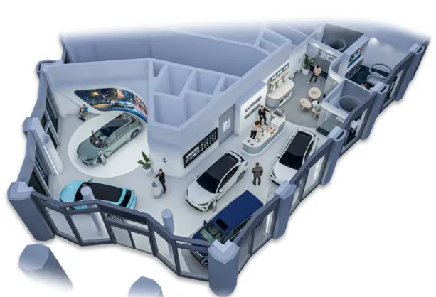 DENZA showroom Hamburg: axonometric view of exhibition and office space