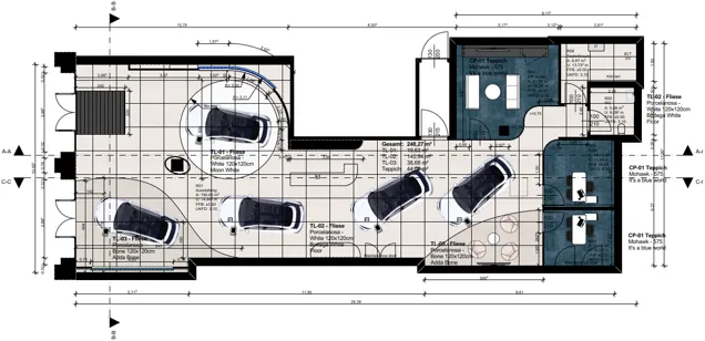 DENZA Showroom Köln: Grundriss mit Fahrzeugflächen und Technikräumen
