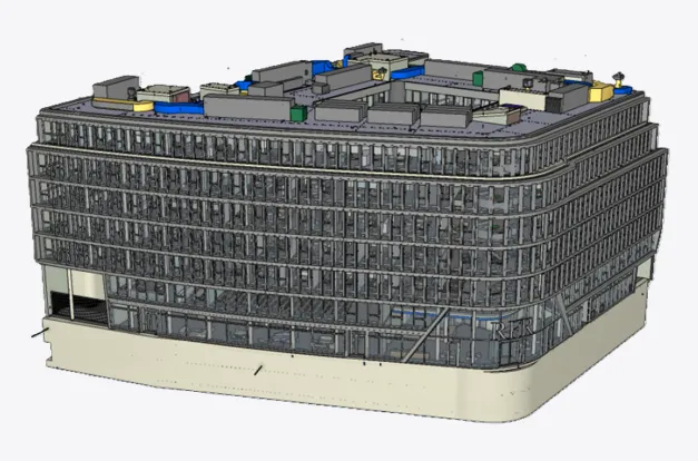 Rosenthaler Bogen Berlin: BIM-Modell des Bürogebäudes mit Technikzentralen auf dem Dach