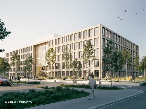 Neubau ZDF Bürogebäude Mainz: Außenansicht des Neubaus mit Lüftungs- und Heizungsplanung von Aurora Engineering